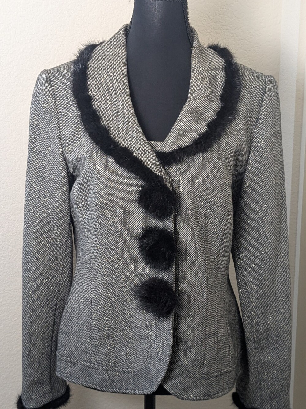 Lily & Taylor Size 4 Metallic Tweed Faux Fur Trim Blazer Jacket